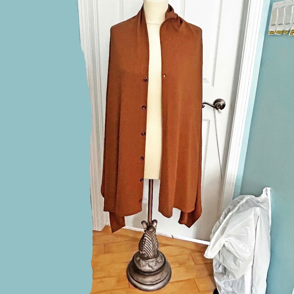CAPE SWEATER, JERSEY KNIT, MEDIUM BROWN, ONE SIZE PLUS, BUTTON FRONT, JOAN RIVER